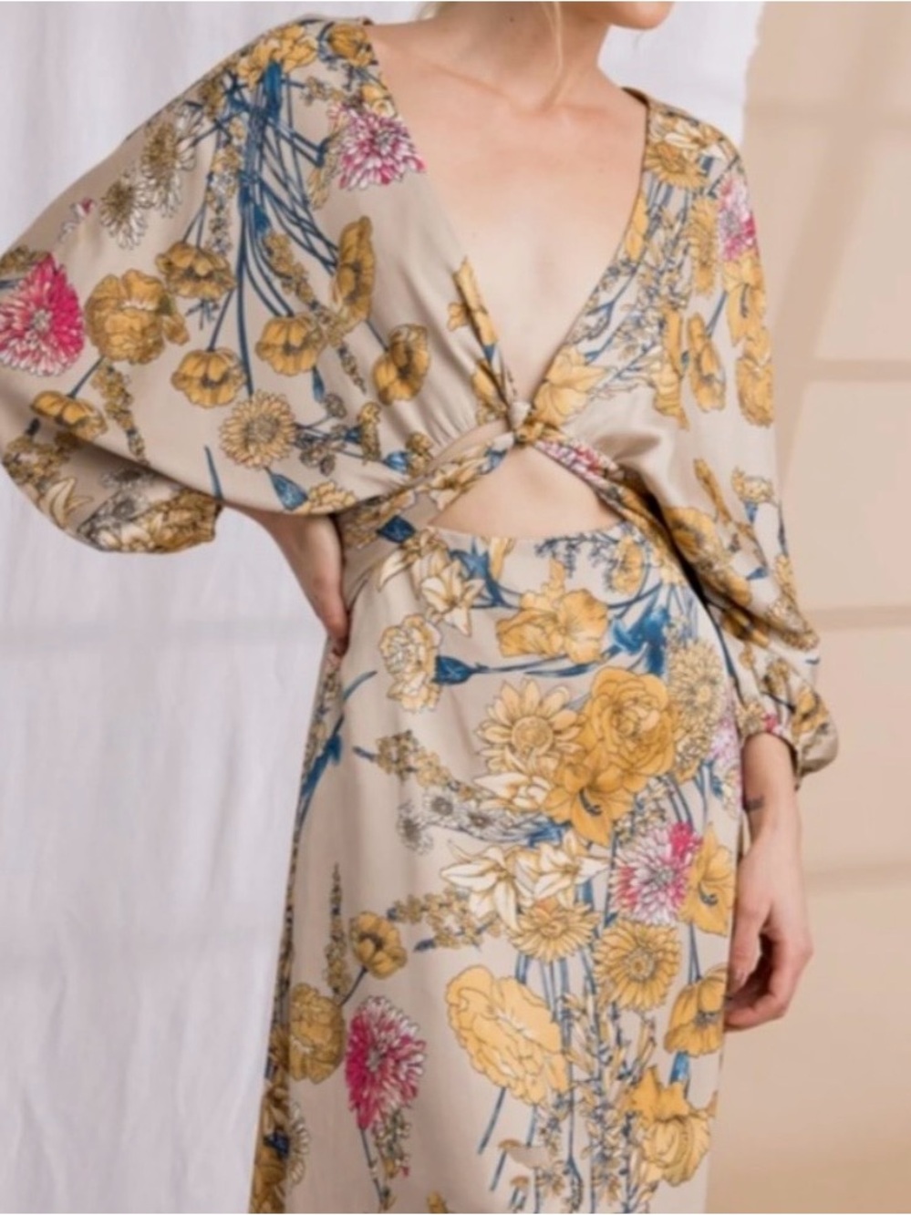 Lena-Satin Beige Floral Cut-Out Midi Dress